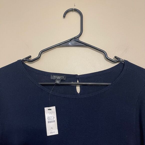 Talbots Womens Navy Blue Cotton Blend Elbow Bell Sleeve Sweater Petite Large NWT - Picture 6 of 10